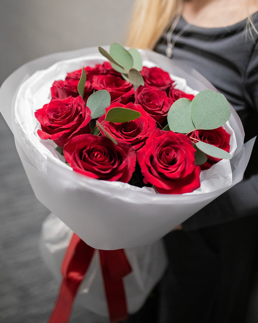 12 RED ROSES WITH EUCALYPTUS