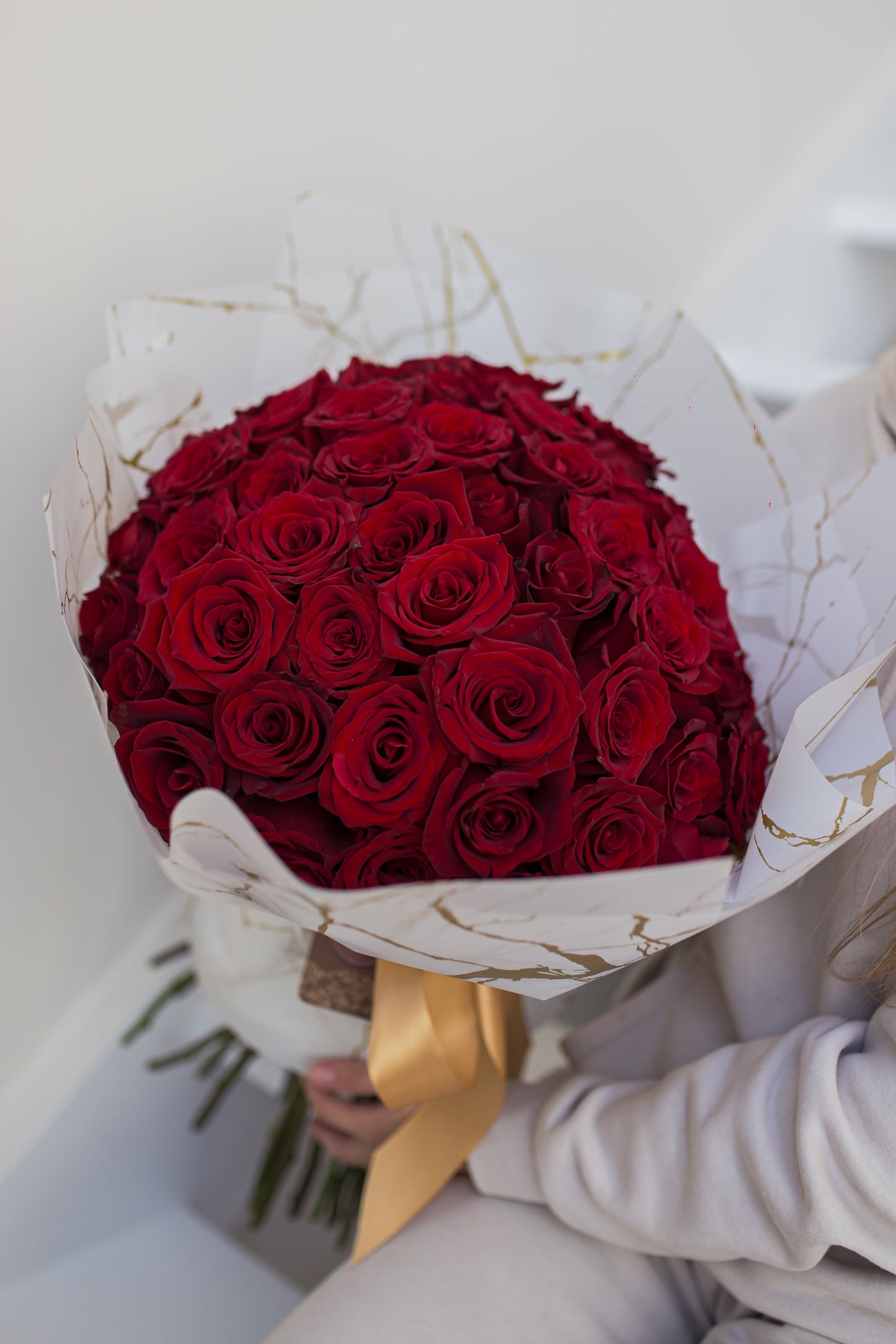 50 red roses luxury bouquet with white and gold designer wrapping, Toronto flower delivery