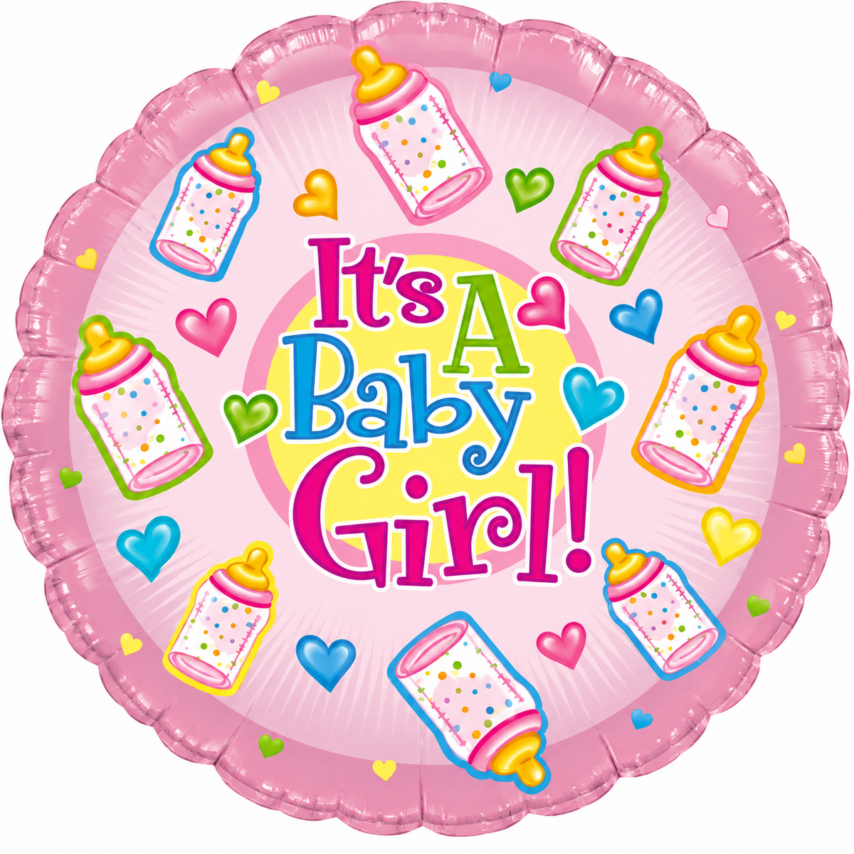 18-inch pink It’s a Baby Girl foil balloon with colourful baby bottles and hearts, available at Sweet Flower Boutique in Toronto.