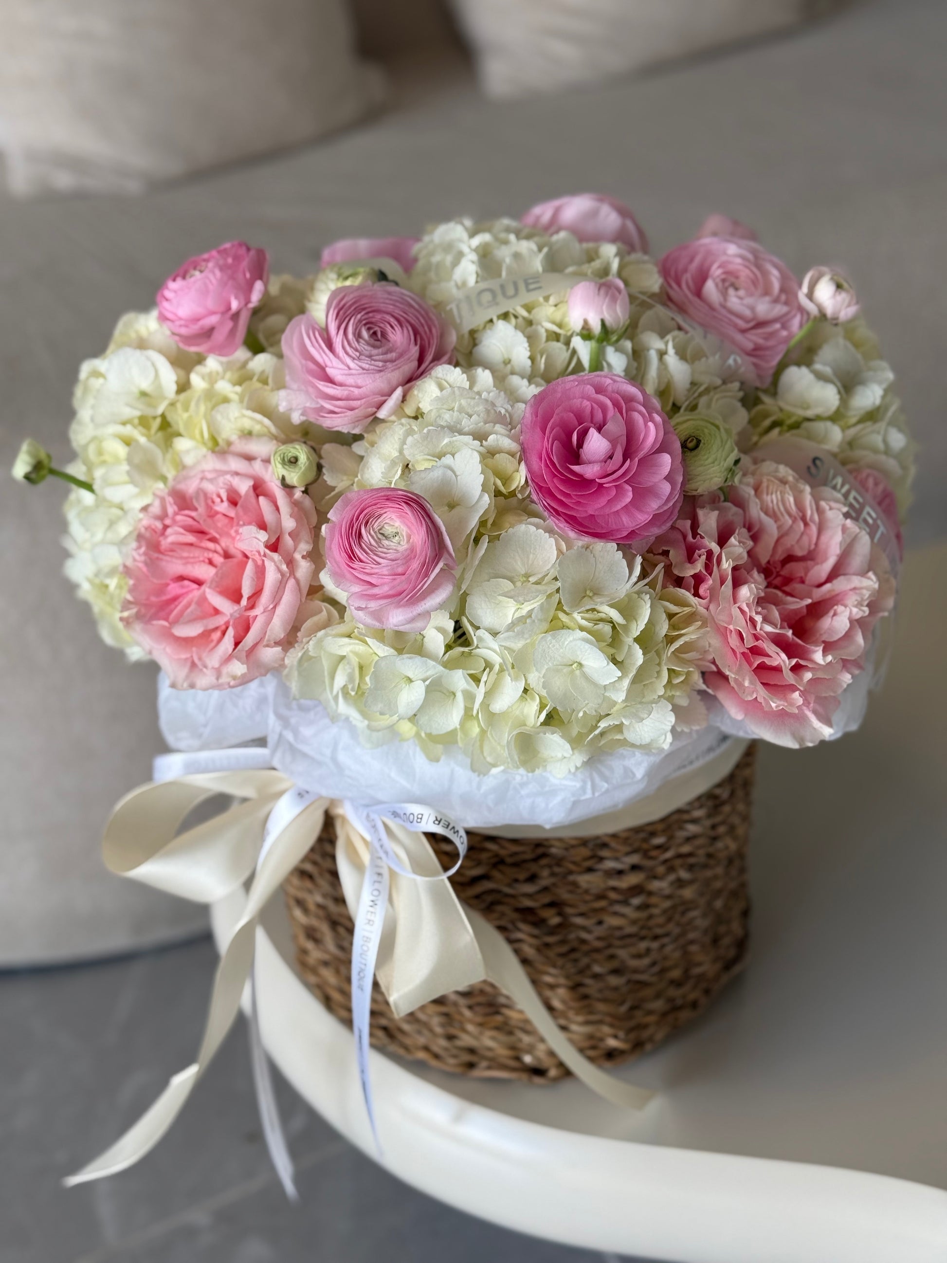 blush ranunculus and white hydrangea luxury flower basket Toronto same-day delivery