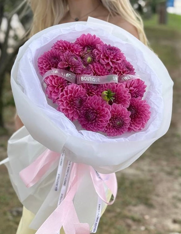 15 pink dahlias bouquet wrapped in white paper by Sweet Flower Boutique Toronto