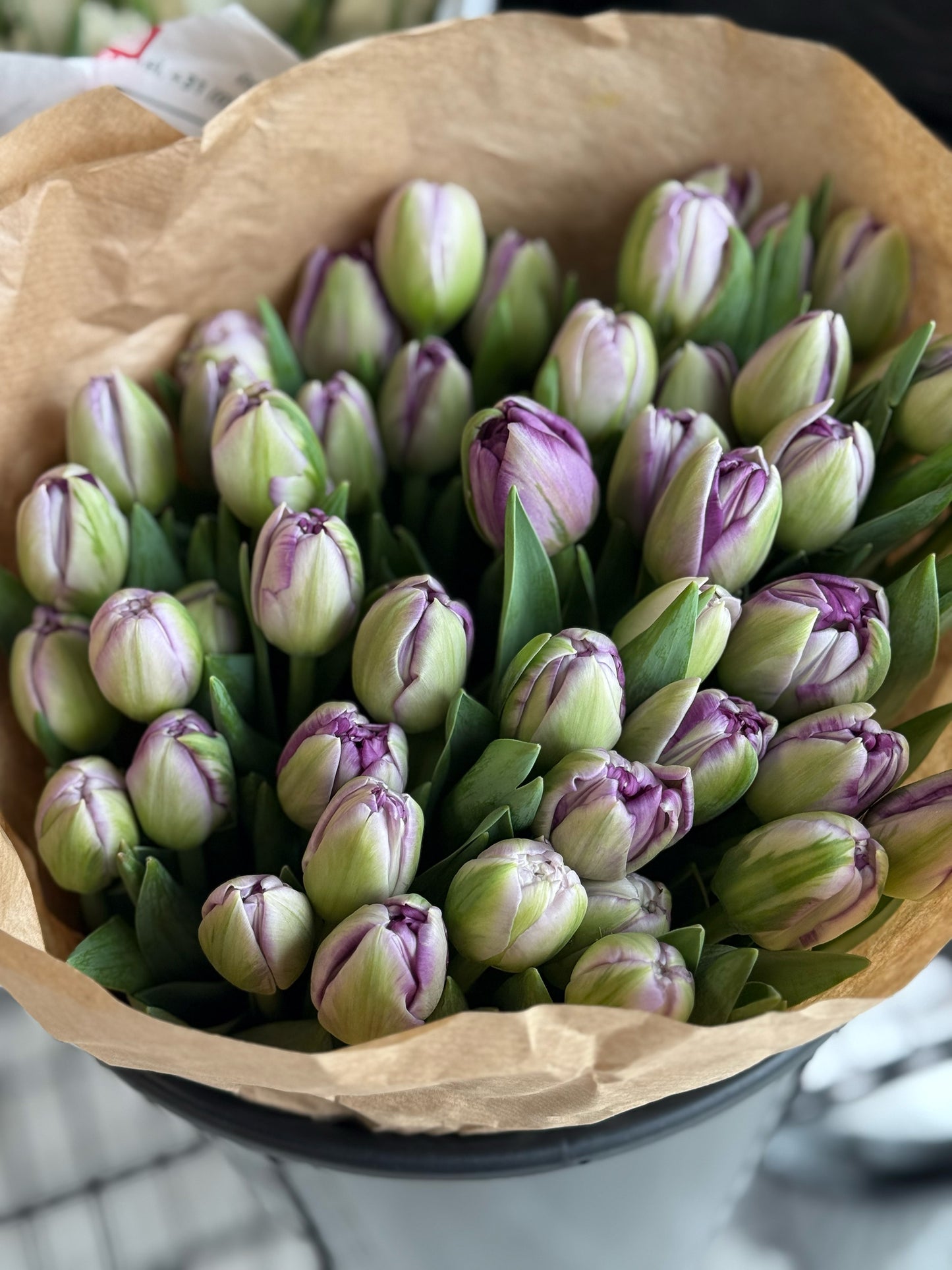Bouquet of double tulips wrapped in brown paper on a neutral background