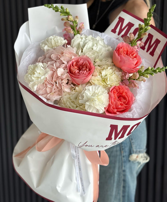 Luxury Mother’s Day bouquet with garden roses hydrangea and carnations in soft pink and white wrap Toronto