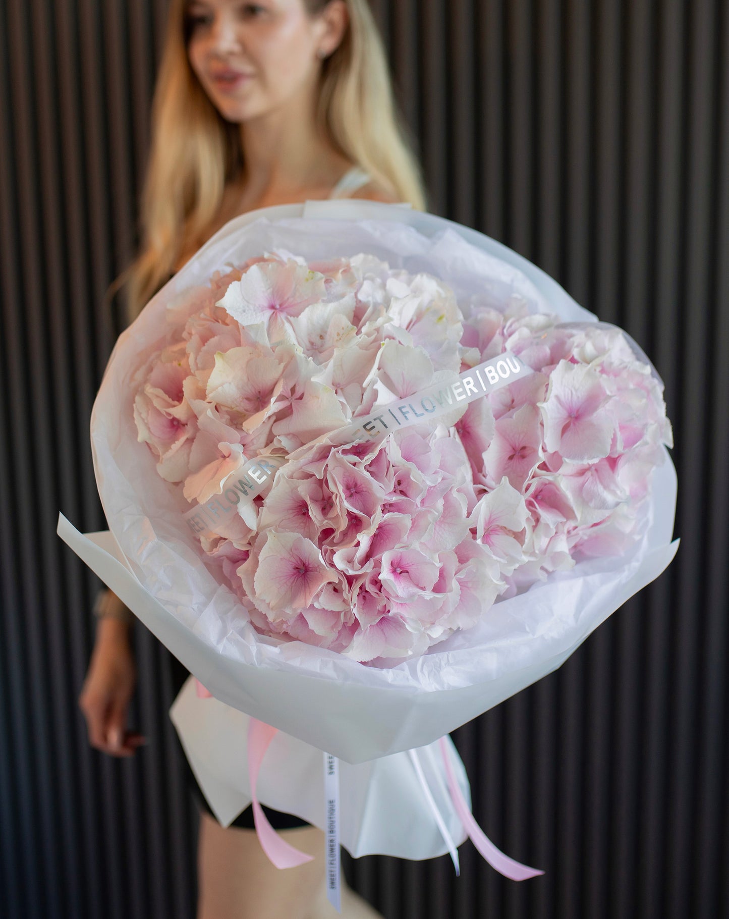 Local pink hydrangea bouquet with 3 stems wrapped in white paper