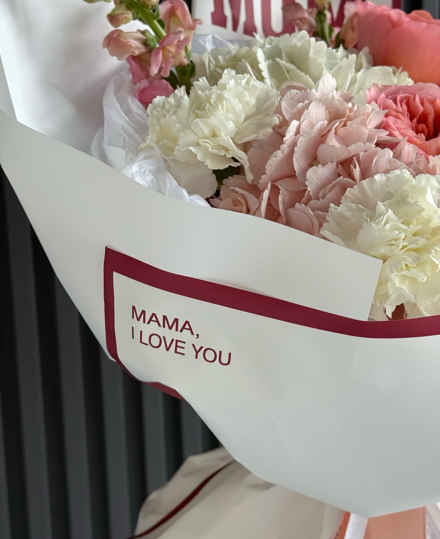 Elegant garden rose bouquet for Mother’s Day with blush hydrangea and white carnations same-day delivery Toronto