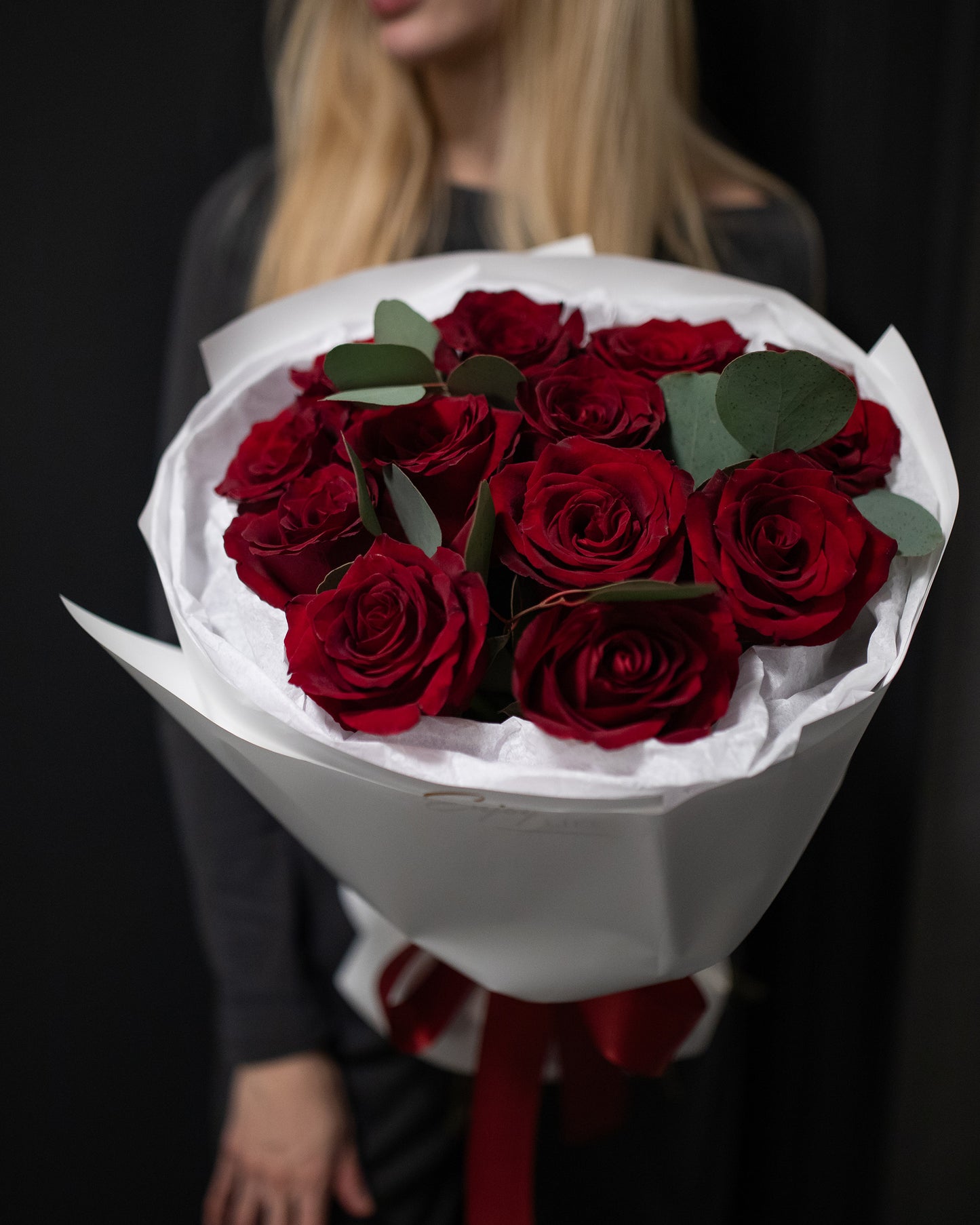 12 RED ROSES WITH EUCALYPTUS