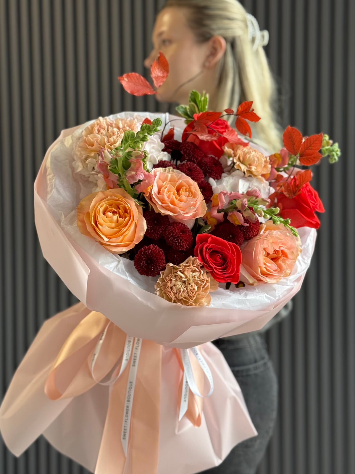 Amber Love romantic rose and hydrangea bouquet with premium blush wrapping in Etobicoke