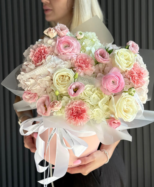 Luxury pink and white flower box with hydrangeas, ranunculus, roses and carnations in Toronto