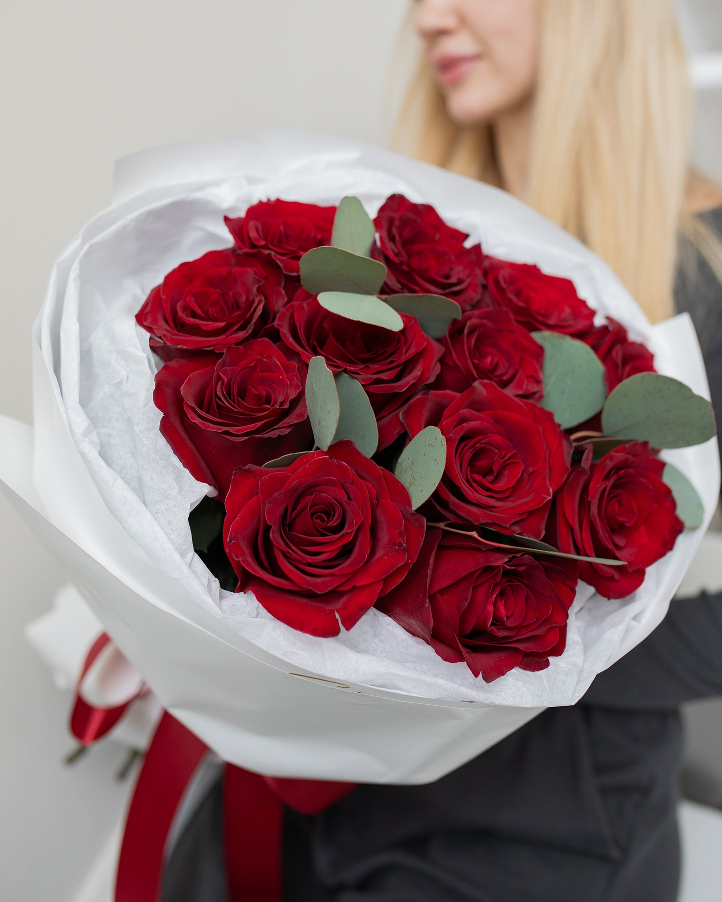 12 RED ROSES WITH EUCALYPTUS