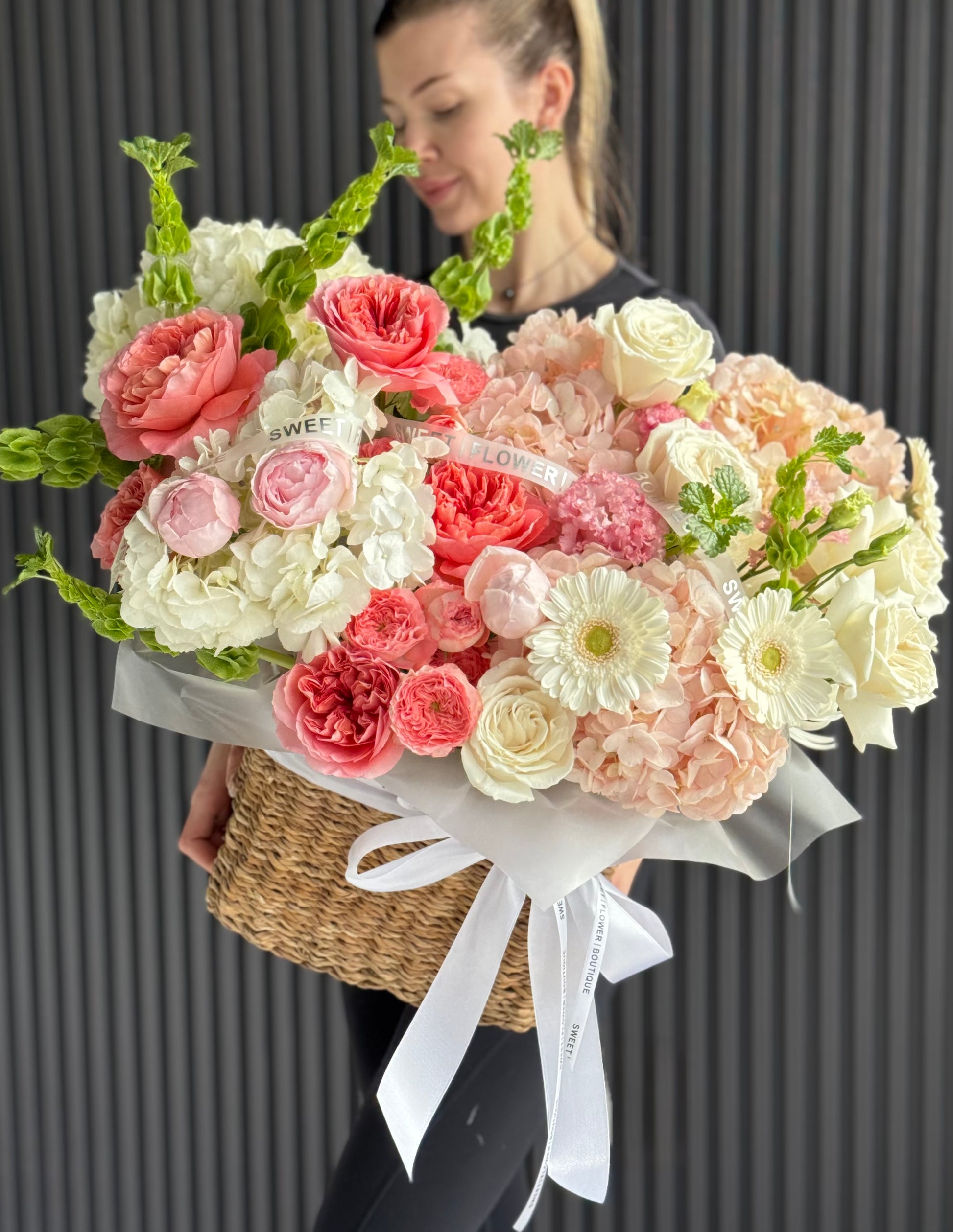 premium garden rose and hydrangea basket arrangement Toronto florist