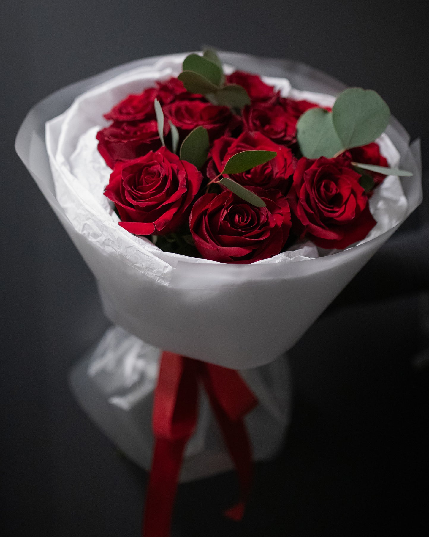 12 RED ROSES WITH EUCALYPTUS